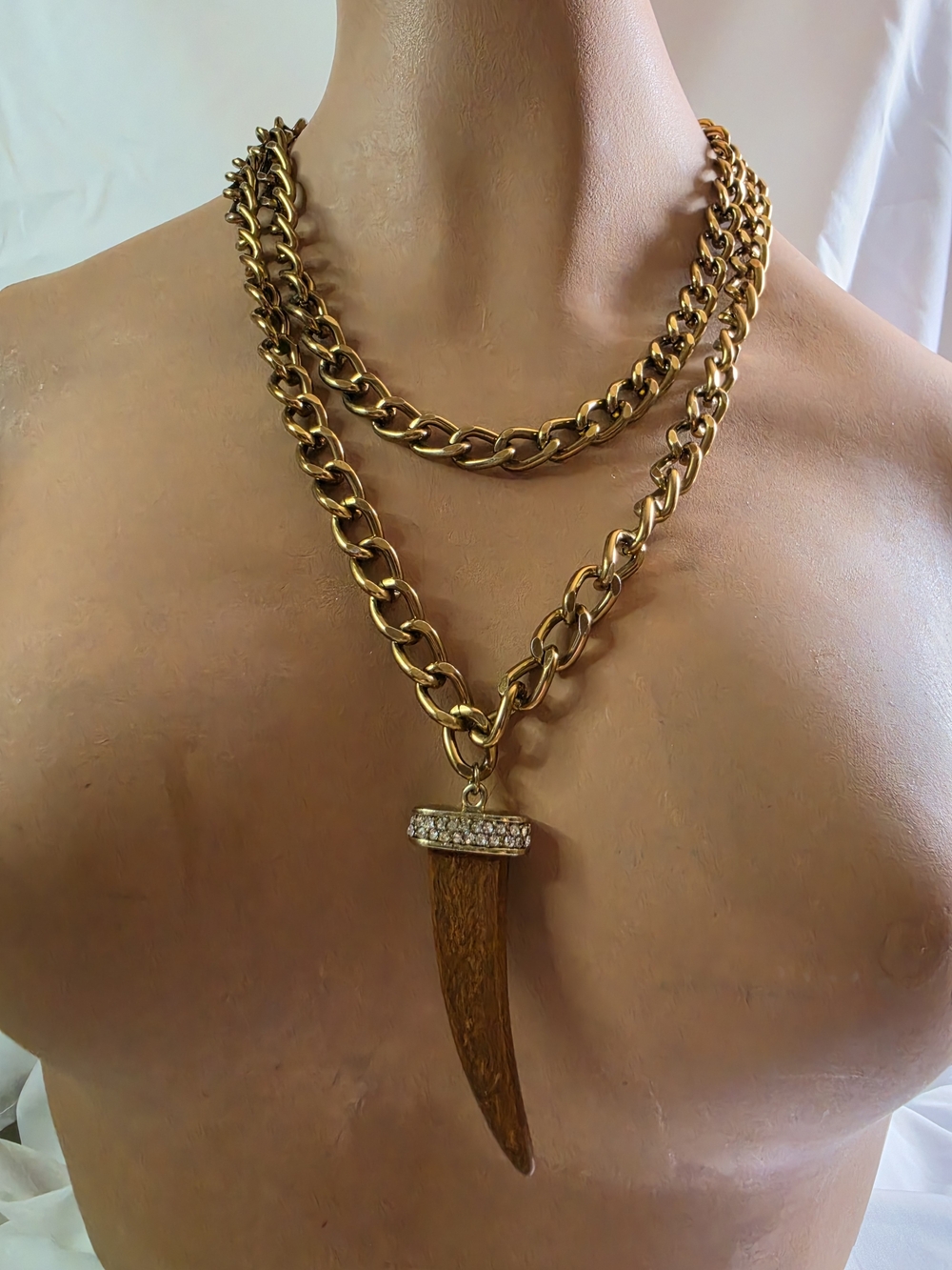 Mixed Metal Chunky Doual Chain Necklace with Wooden Tusk & Rhinestones.